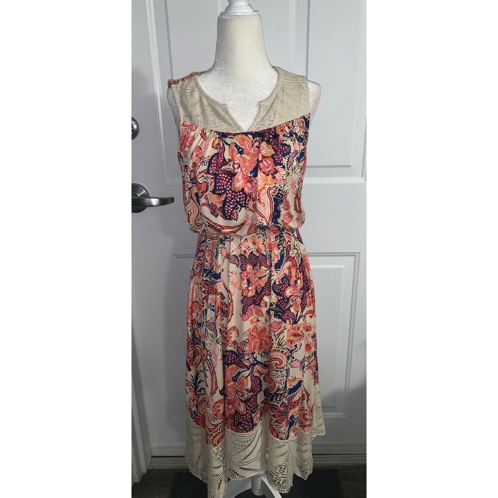 Style Co Dress Cream Floral Stretchy Ruffle Summer Elastic Sz Petite Small PS
